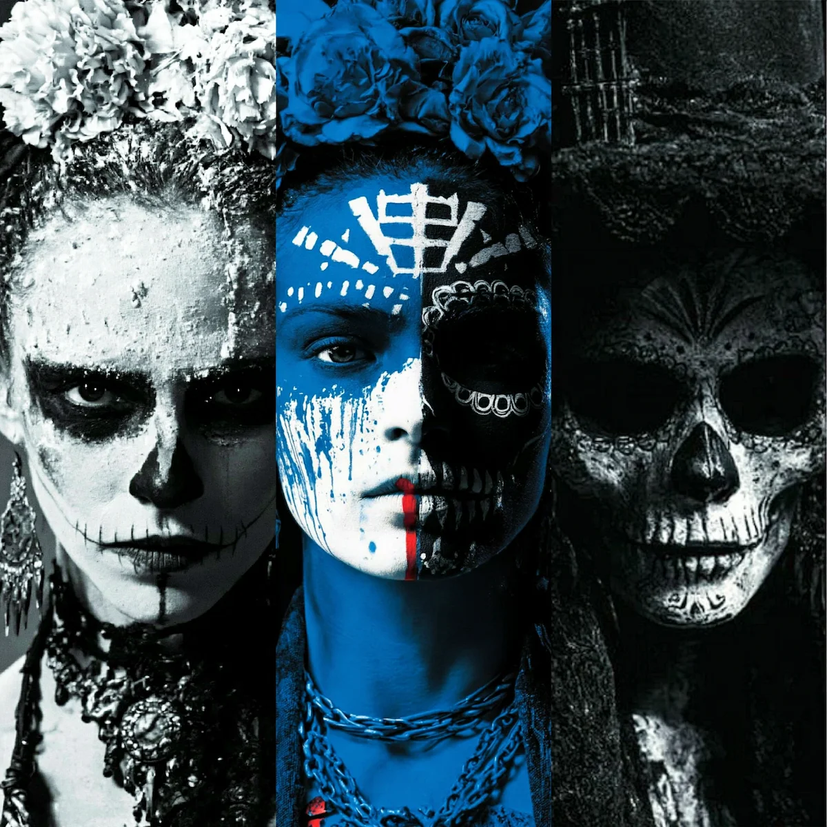 Triptych of three Dia de los Muertos calavera faces in cobalt blue and bone white palette with red accents.