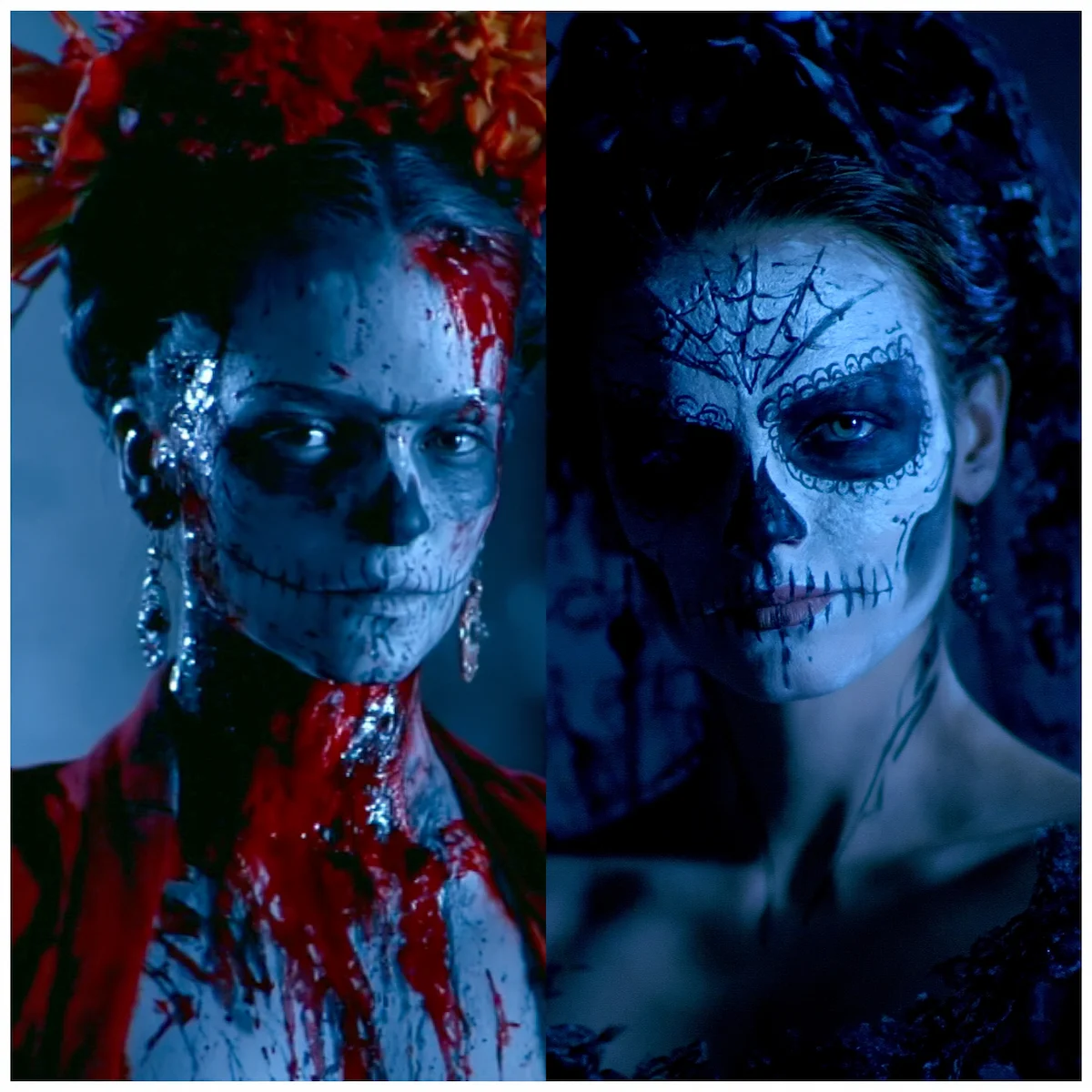 Two Dia de los Muertos calavera portraits in Frida Kahlo's palette, one with red intensity and one with cool blue contemplation.